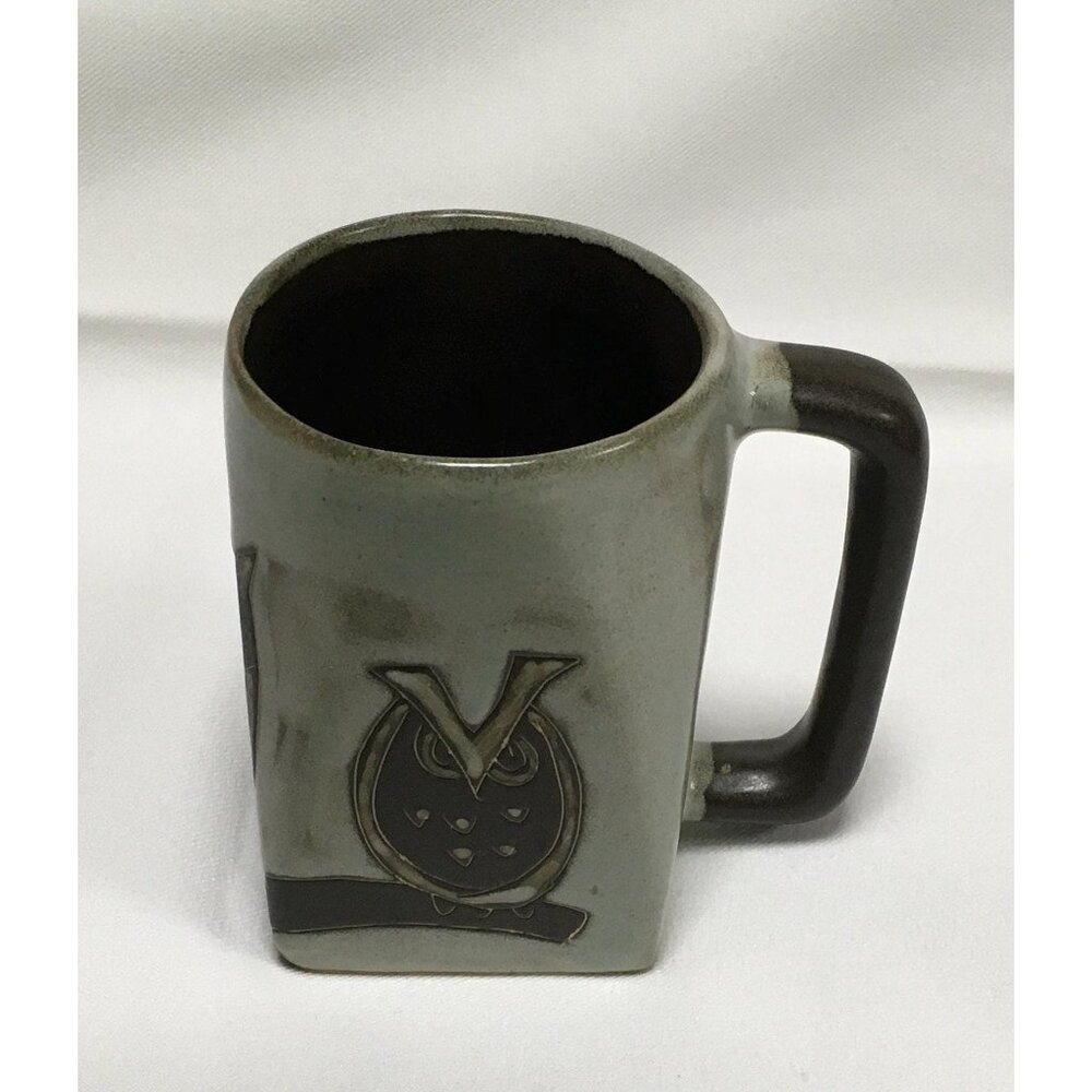 Mara Mexico Owl Square Coffee Mug Cup 12 oz Gray Brown Earth Tones Owl Lover